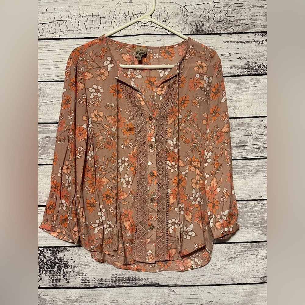 Como Vintage Boho Floral Tassel Blouse Medium
